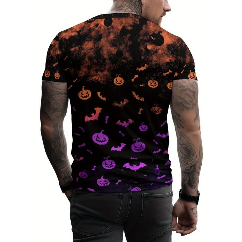Herren Halloween 3D Kürbis Fledermaus Bedrucktes T-Shirt Lässiges Kurzarm Rundhals Oberteil Cool Gruselig Jack-O-Lantern Orange Lila Grafik Sommer Streetwear T-Shirt