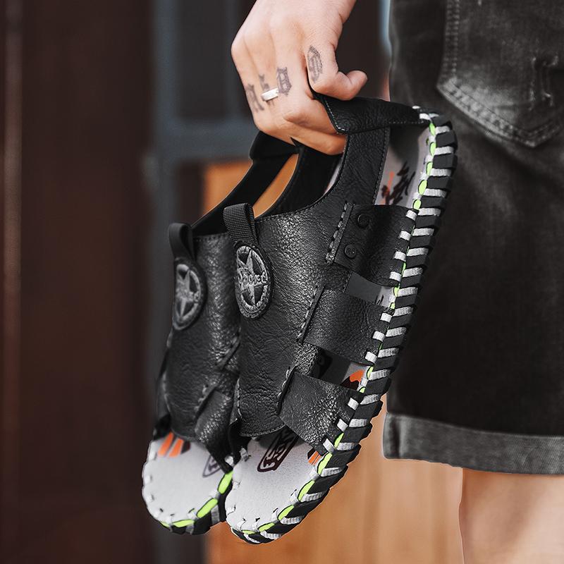 FashionSummer Men Shoes Casual Leather Sandals Handmade Sewing Outdoor Walking Anti-slip Beach Sport Shoes Platform Sandals Slipper Man