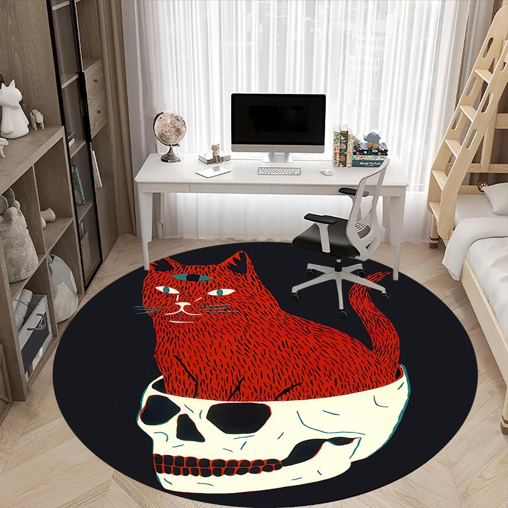 1PC Cat Skull Office Round Area Rug, Mat Suitable For Office, Under Office Chairs Bedroom Living Room Home Decor, Room Deco