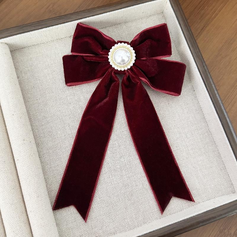 Retro Imitation Pearl Velvet Bow Hair Clip for Women Elegant Back-of-the-Head Hairpin for Banquets And Parties