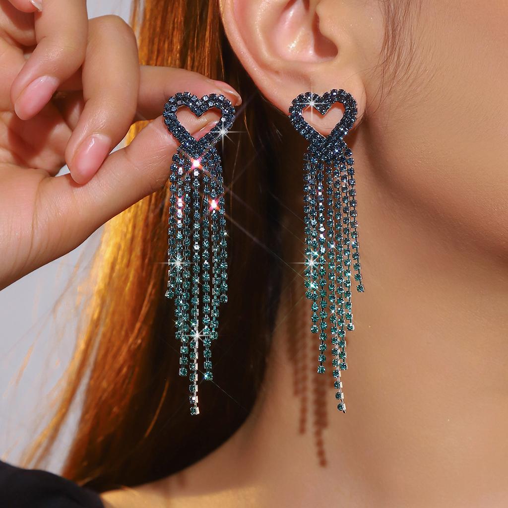 Premium Sense Shiny Crystal Long Heart-Shaped Tassel Earrings