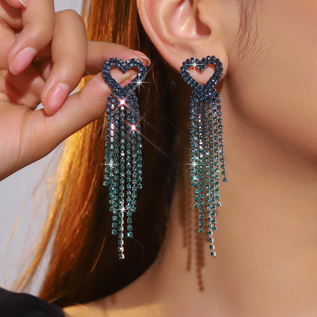 

Premium Sense Shiny Crystal Long Heart-Shaped Tassel Earrings