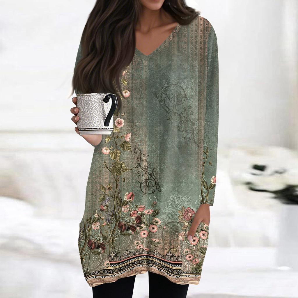 Damen Oberteile V-Ausschnitt Langarm Blusen Lässige Mittellange Hemden Mode Druck Tunika Oberteile Mit Taschen