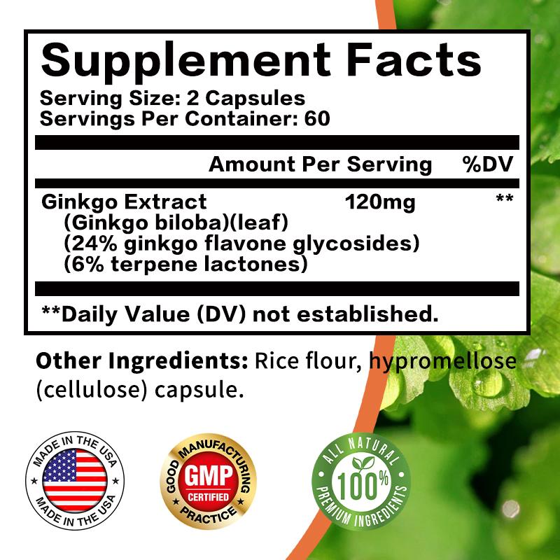 Capsule di estratto di Ginkgo biloba, 120 mg per dose, alta concentrazione di essenza di ginkgo, adatte sia per uomini che per donne.