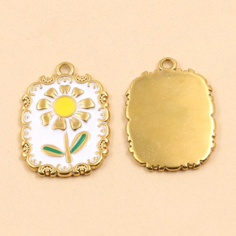 Stainless Steel Daisy Flower Drip Oil Pendants: 3 Styles, Golden Fresh Enamel Charms