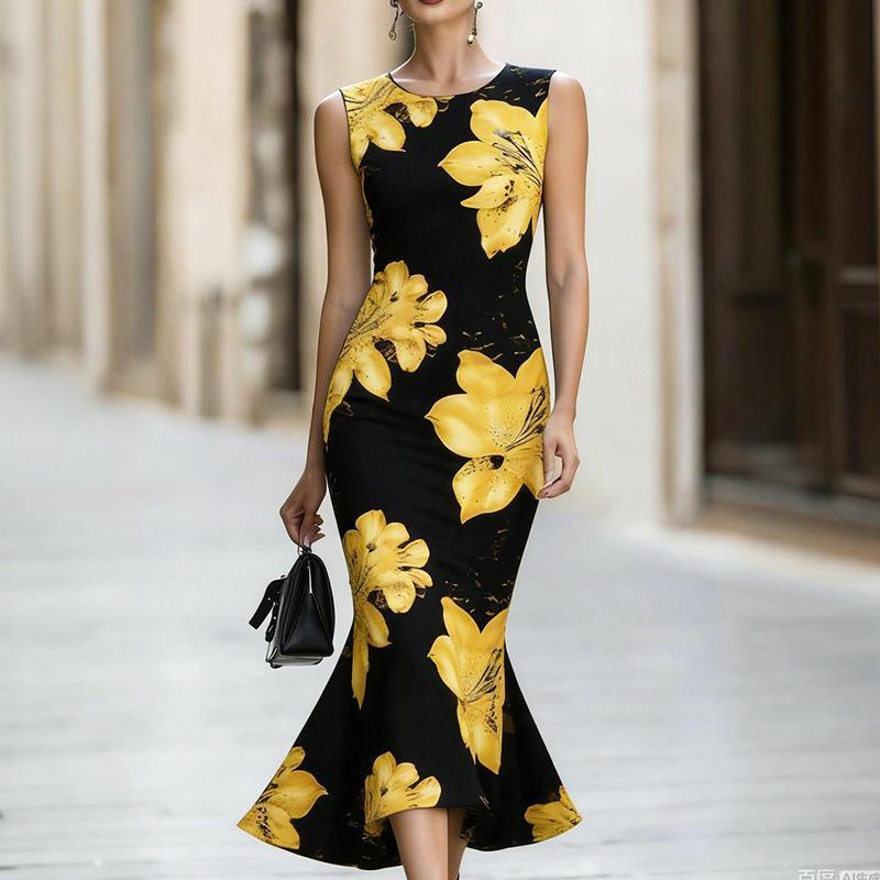 Popular printed fishtail dress, elegant temperament waist sleeveless commuter women s dress, spot S