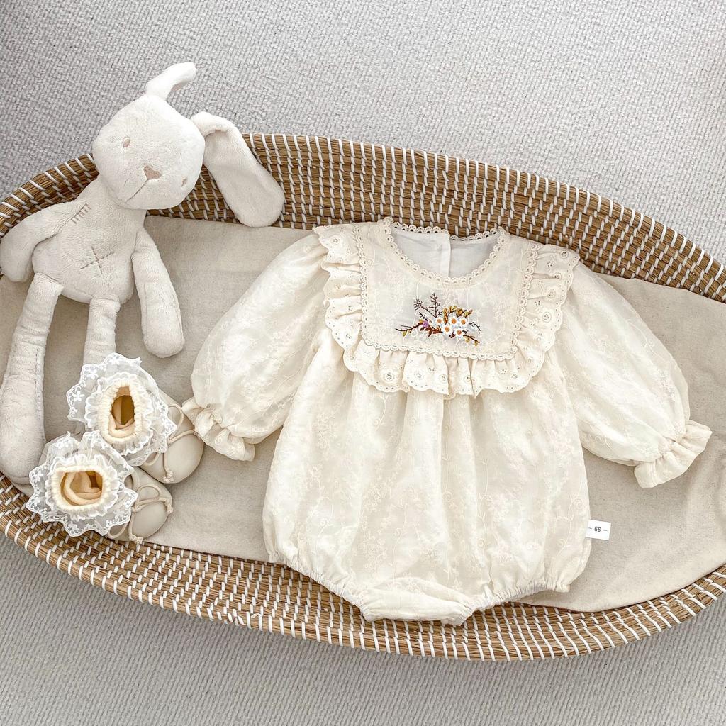 Spring Baby Girl Long Sleeve Floral Embroidered Romper for 100 Days Celebration