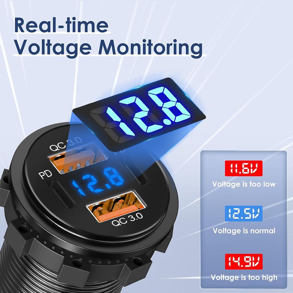 4-Ports USB Quick Chargerwith LED Voltmeter Dual PD And Dual QC3.0 Fast Charge Adapter Waterproof For Car Boat And Motorcycle 12/24V