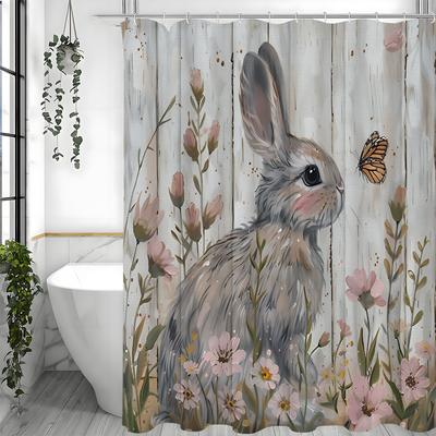 Cute Bunny Shower Curtain, Spring Floral Bathroom Decorative Shower Curtain, Waterproof Shower Curtain with Hooks