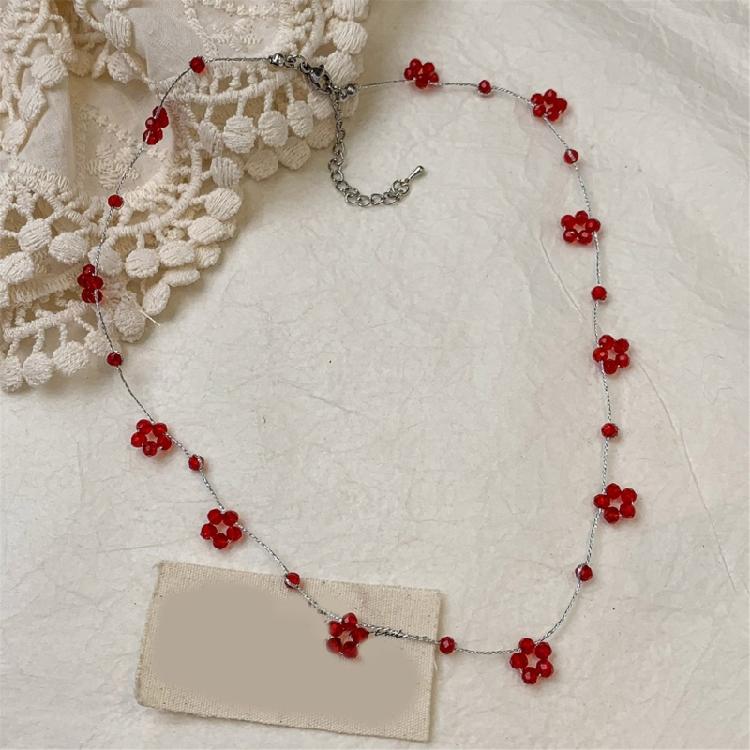 Hypoallergenically Crystal Bead Necklace Red Flower Detailing Lightweight Layering Jewelry Women Clavicle Chain