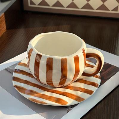 Striped Ceramic Coffee Cup and Saucer Set