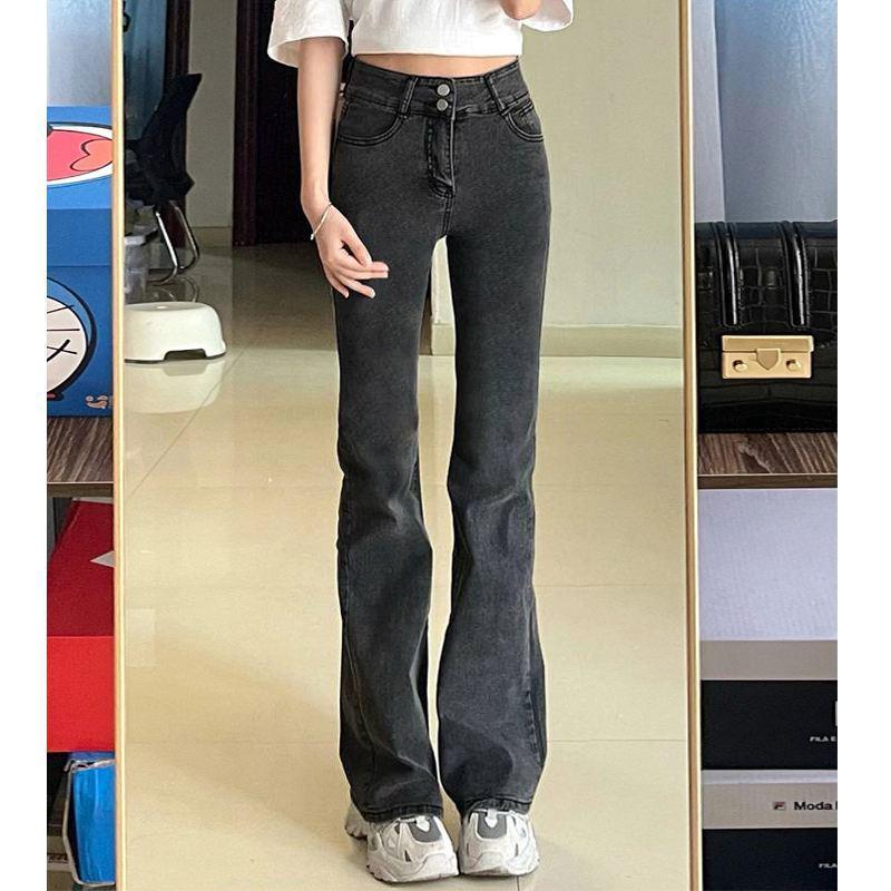 Women's Black & Grey High-Waisted Micro-Flare Jeans - Stretch, Slimming, Versatile Bell Bottom Pants for Autumn/Winter 2022