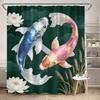 Koi Fish Shower Curtain 180x180cm – Japanese Ink Style with Black White Orange Koi, Misty Blue Floral Background, 12 Hooks