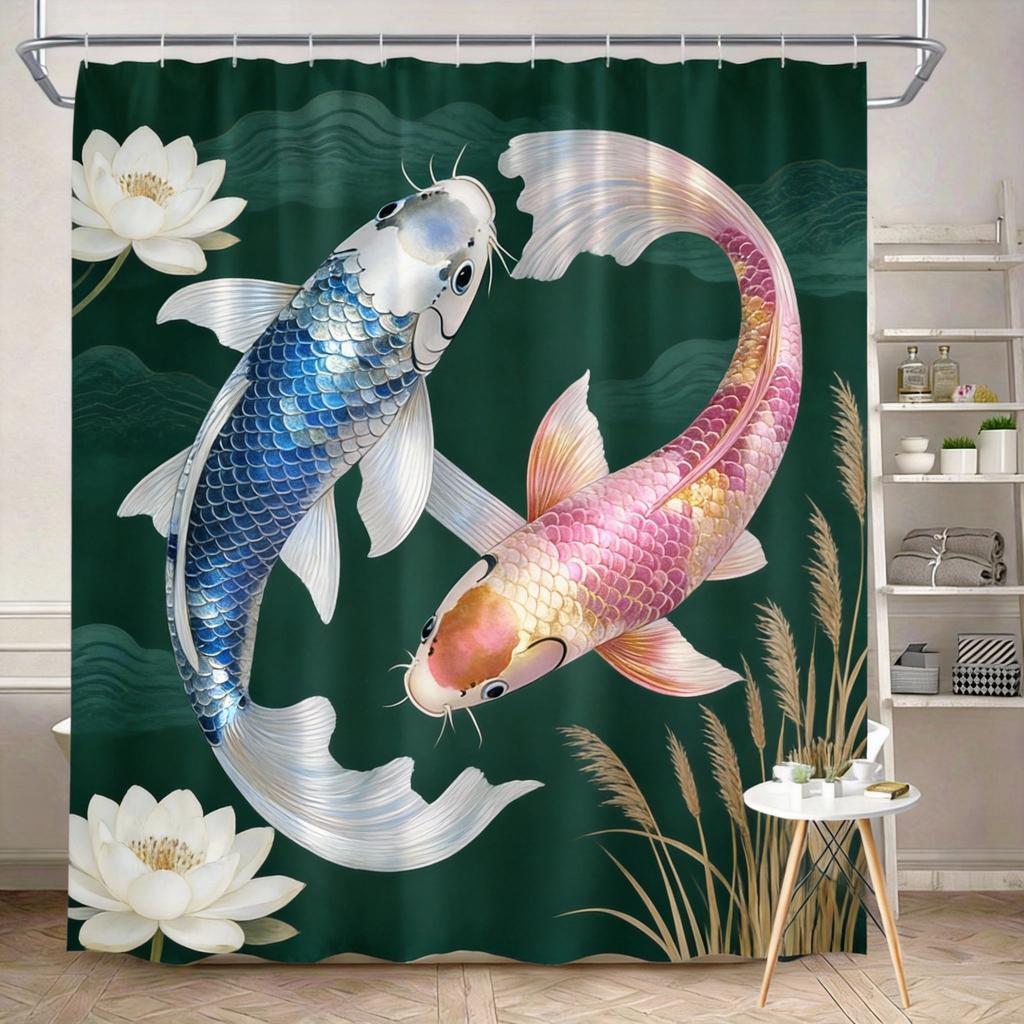 Koi Fish Shower Curtain 180x180cm – Japanese Ink Style with Black White Orange Koi, Misty Blue Floral Background, 12 Hooks