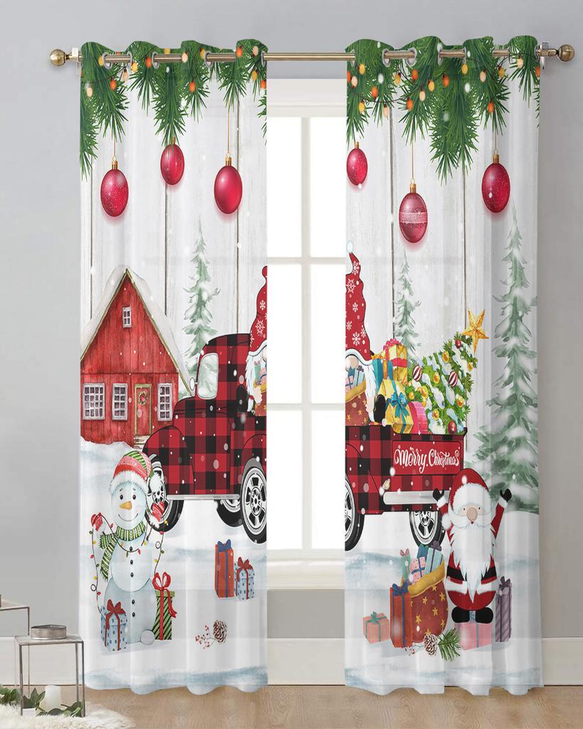 Christmas Truck Snowman Gnome Sheer Curtains for Living Room Decoration Window Curtains for Kitchen Tulle Voile Organza Curtains