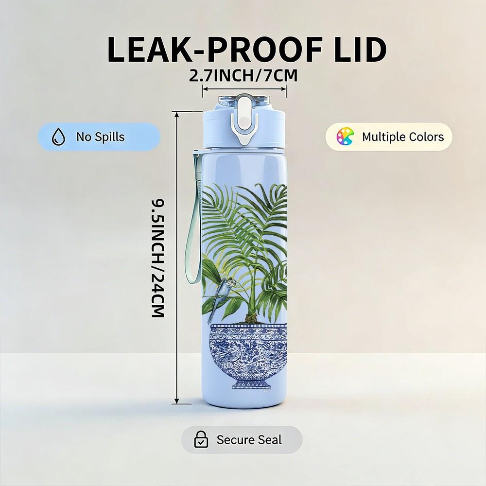 1PC Potted Plant Vintage Retro Pattern 750ml Color Plastic Sports Water Bottle Leakproof Flip Straw Lid Suitable for Sports Office Home Use