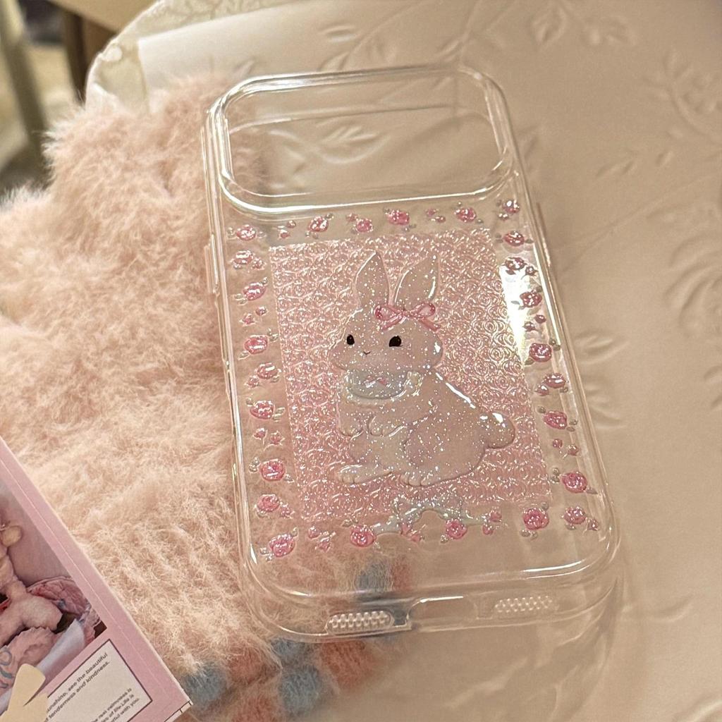 Cute Rabbit Floral Glitter Case for iPhone 17, 16 Pro, 15, 13 - Transparent Cartoon Design