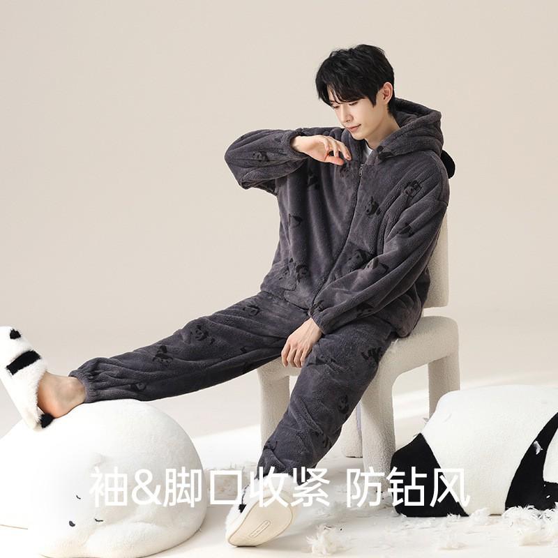 Cozy Fleece Pajama Set Couples Panda Cartoon Print Warm Winter Home Wear Long Sleeve Hooded