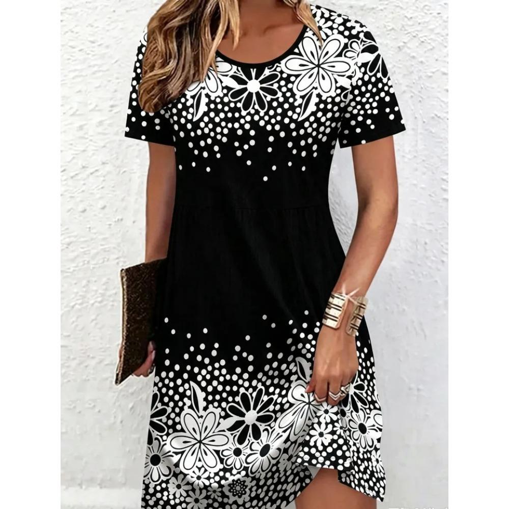 Summer Fashion Flowers 3d Print Comfortable Breathable Round Neck Short Sleeved Dresses Women Creative Colorful Plus Size Loose Dresses