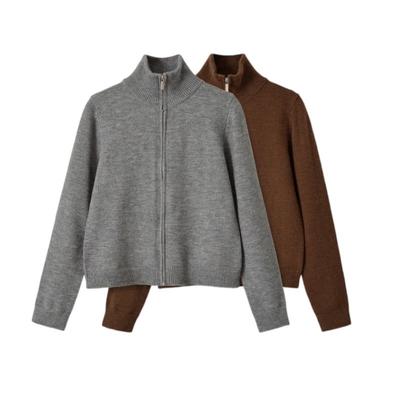 Womens Minimalist Wool Blend Zip-Up Knit Cardigan Sweater Fall Winter 2026 Loose Fit Stand Collar Long Sleeve