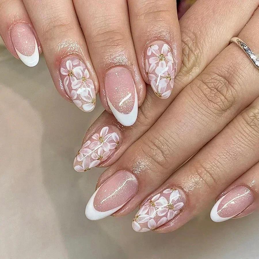 24Pcs Pink Almond False Nails Butterfly Ballet with French Design Wearable Fake Nails Simple Artificial Press On Nails Tips Art