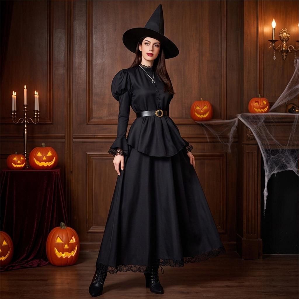 Women's Halloween Witch Robe Costume with Hat for Adult Party Role Play