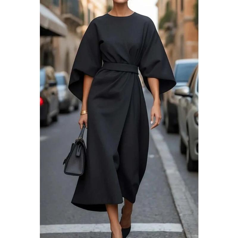 Damenkleidung Europäische und amerikanische Mode Temperament Elegantes einfarbiges Taillenkleid Lässiges Fledermausärmel-Langkleid