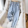 Large Size Women Jeans Spring Blue Elastic Waist Solid Color Loose Harem Denim Pants Versatile Wide Leg Baggy Trousers Female