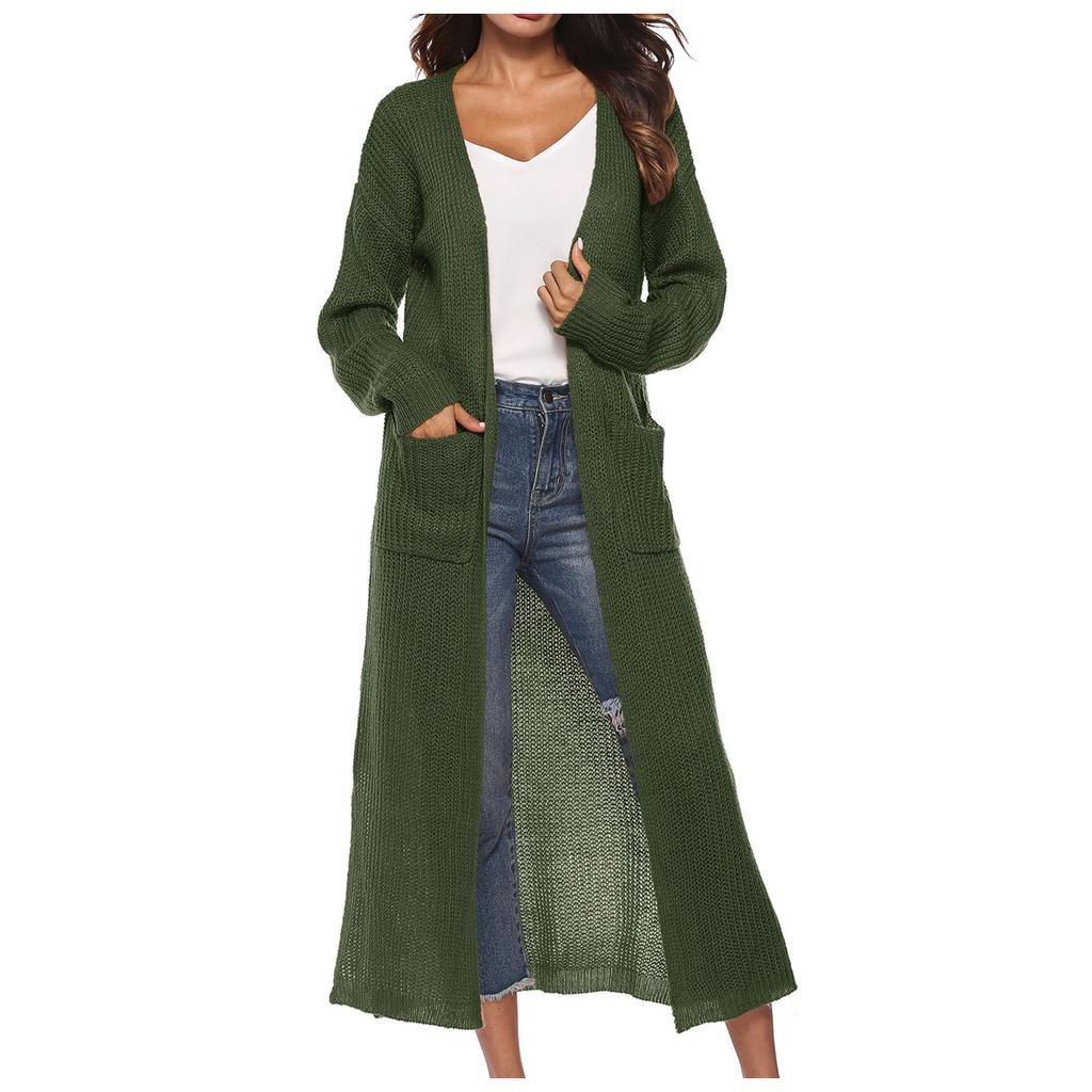 Women's Fashion Casual Button  Solid Color Big Pocket Cardigan Sweater Long Thin Coat