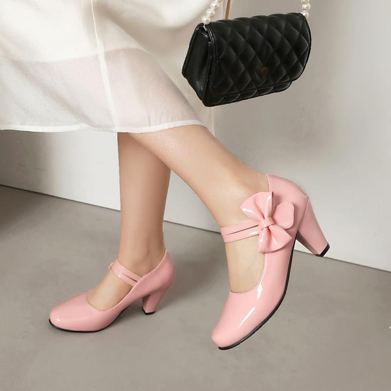 FOREADA Women Patent Leather Pumps Round Toe Mary Janes Heels Thick High Heels Buckle Bow Ladies Fashion Shoes Sping Autumn Pink 46