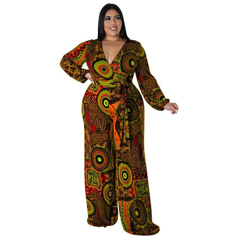 Womens Plus Size Printed Long Sleeve Jumpsuit 2025 Soft Milk Silk Knit Wide Leg Straight Cut Comfortable Outfit Casual Daily Wear