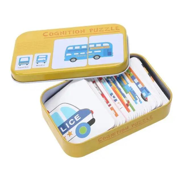 Baby Cognition Puzzle Toys Toddler Kids Iron Box Cards Matching Game Cognitive Card Car Fruit Animal Life Puzzle Gift
