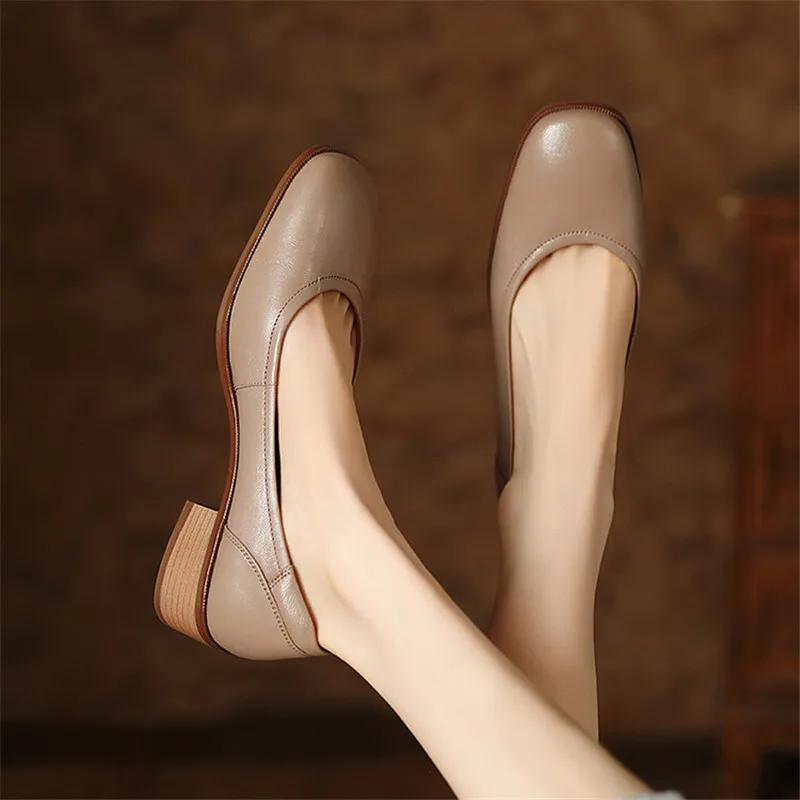 Fashion New Spring/Autumn Square Toe Women Pumps Chunky Heels Genuine Leather Loafers Shoes for Women Ladies Shoes Zapatos De Mujer