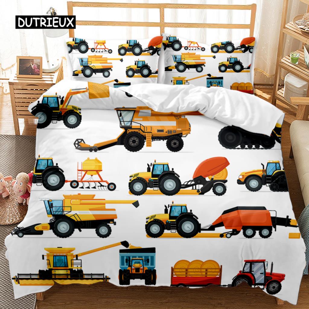 Housse de couette pour voiture d'ingénierie Ensemble de literie pour véhicule de construction Excavatrice pour garçons Camion à benne basculante Malaxeur à béton Rouleau Housse de couette en polyester