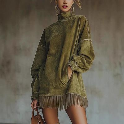 High Neck Suede Tassel Dress with Pockets