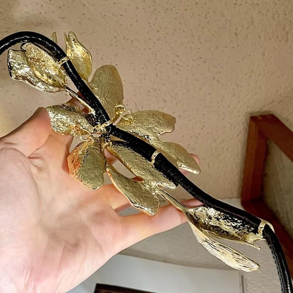 Black Leather Rope Flower Belt Metal Body Chain Waist Link Exaggerated Waist Chain  Women