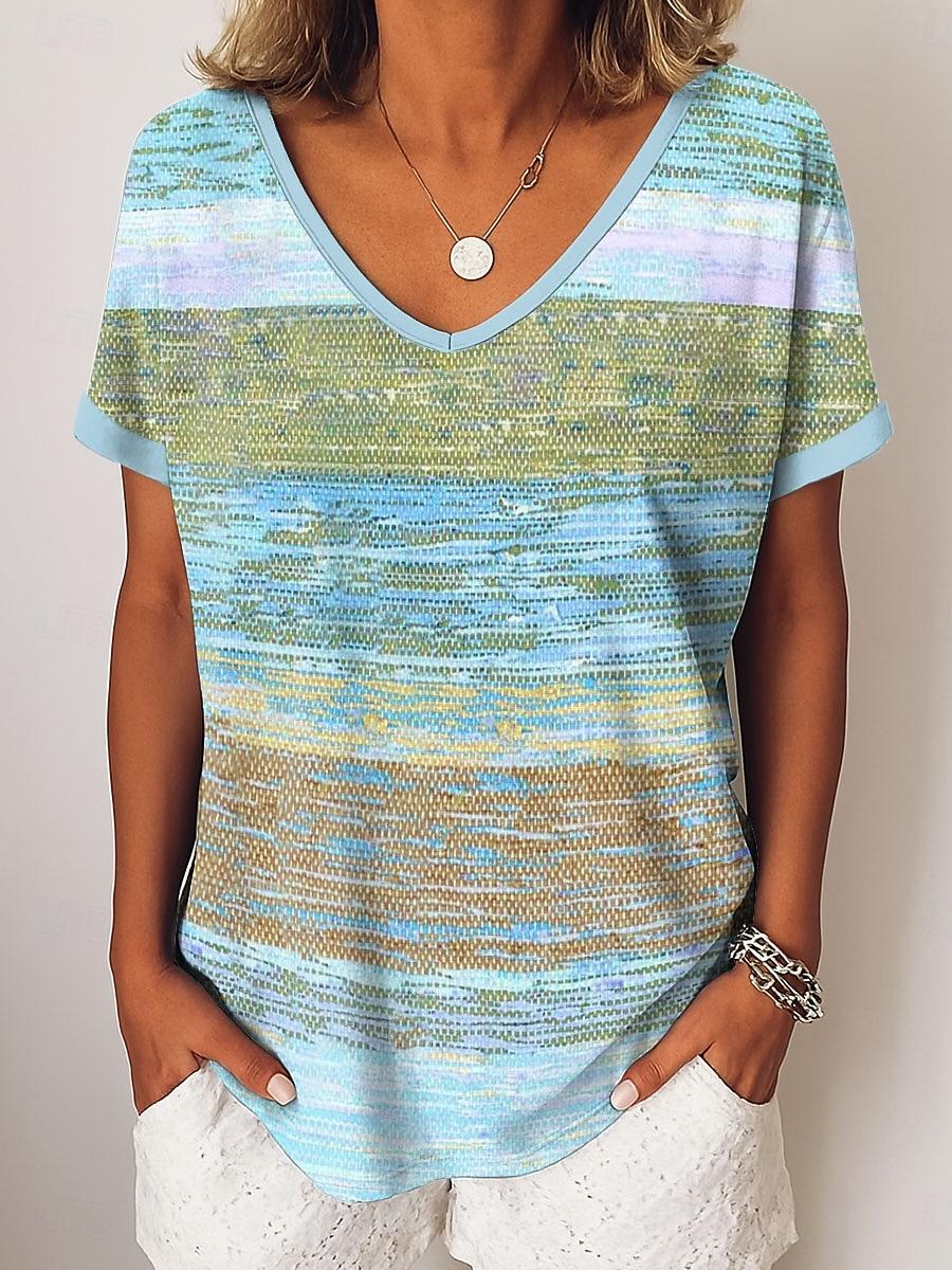 

Women s T Shirt Print Graphic Geometric Striped Vintage Casual Short Sleeve V Neck Regular Tops 2XL