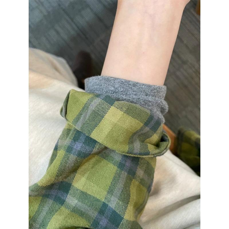 Women's Spring and Autumn Plaid Shirt Lapel Long-sleeved Loose Casual Single-breasted Top