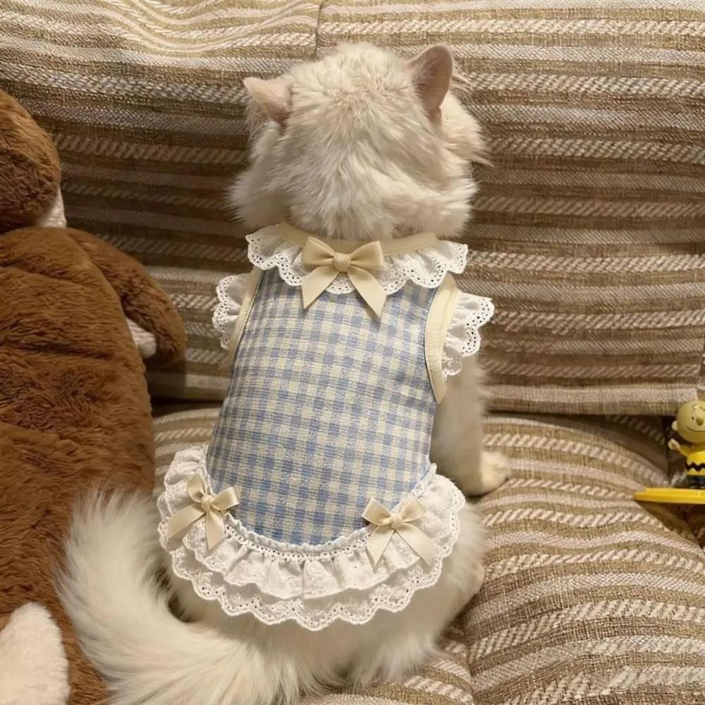 Breathable Pet Dog Vest Bow Lace Design Cat Checkered Clothes Pet Lace Skirt  Daily Wear