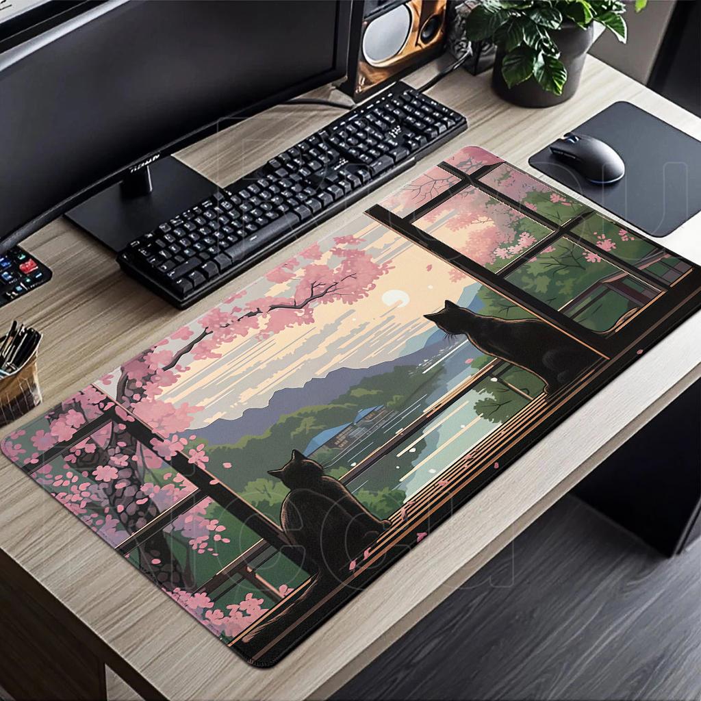 Black Cat Mouse Pad Large Cherry Blossom Landscape Desk Mat Stitch Edge Rubber AntiSlip Pc Accessories Gaming Mats Keyboard Rug