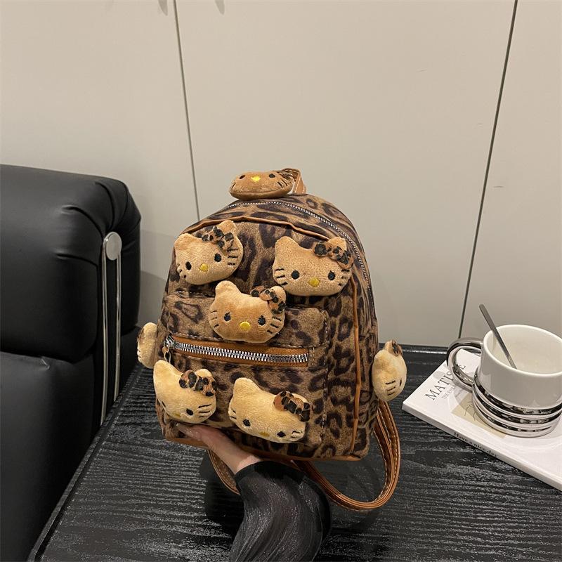 Leopard Print Faux Suede Backpack for Women Cute Cartoon Shoulder Bag