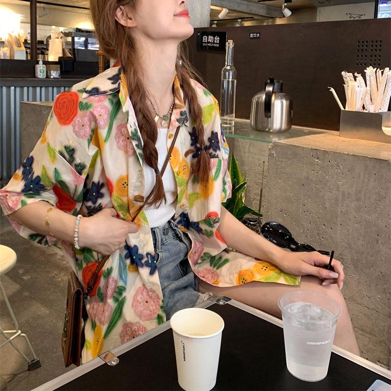 Cute Floral Beach Vacation Style Women's Shirts Summer Loose Casual Cardigan Tops Single Breasted Female's Chic Blouses