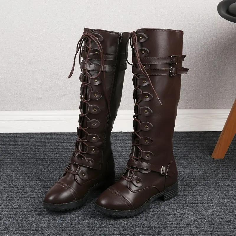 New Style Popular Women Knee High Boots Autumn Winter Lace Up Flat Shoes Sexy Luxury Retro Buckle Women Shoes Ladies Snow Boots