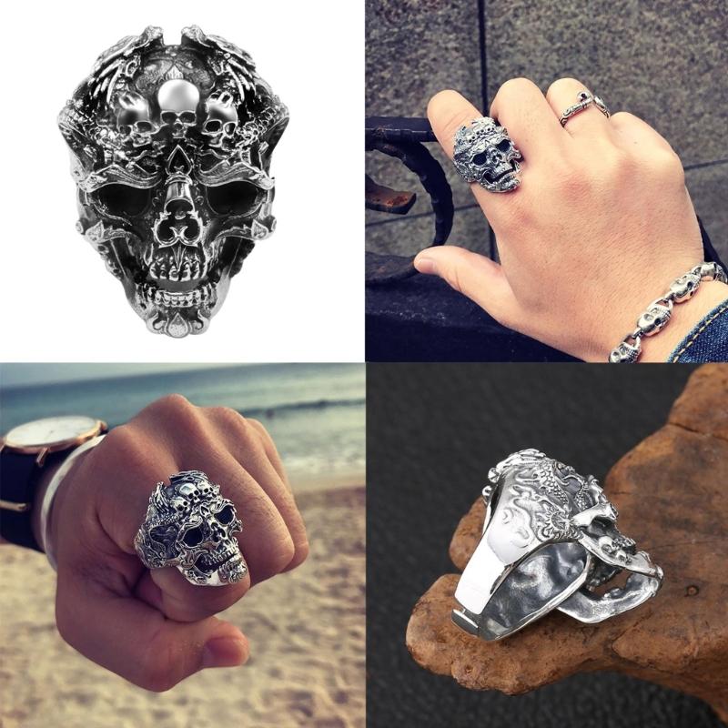 Retro Skull for Head Ring Exaggerated Mens Finger Rings Fashion Personality Joint Ring Hip Hop Ring Adjustable Open Size