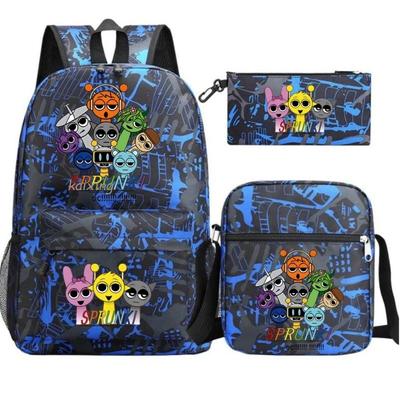 3-teiliges neues Sprunki Anime-Print Rucksack-Set, mit Tragetasche und Beutel, große Kapazität, leicht und atmungsaktiv, Outdoor-Rucksack