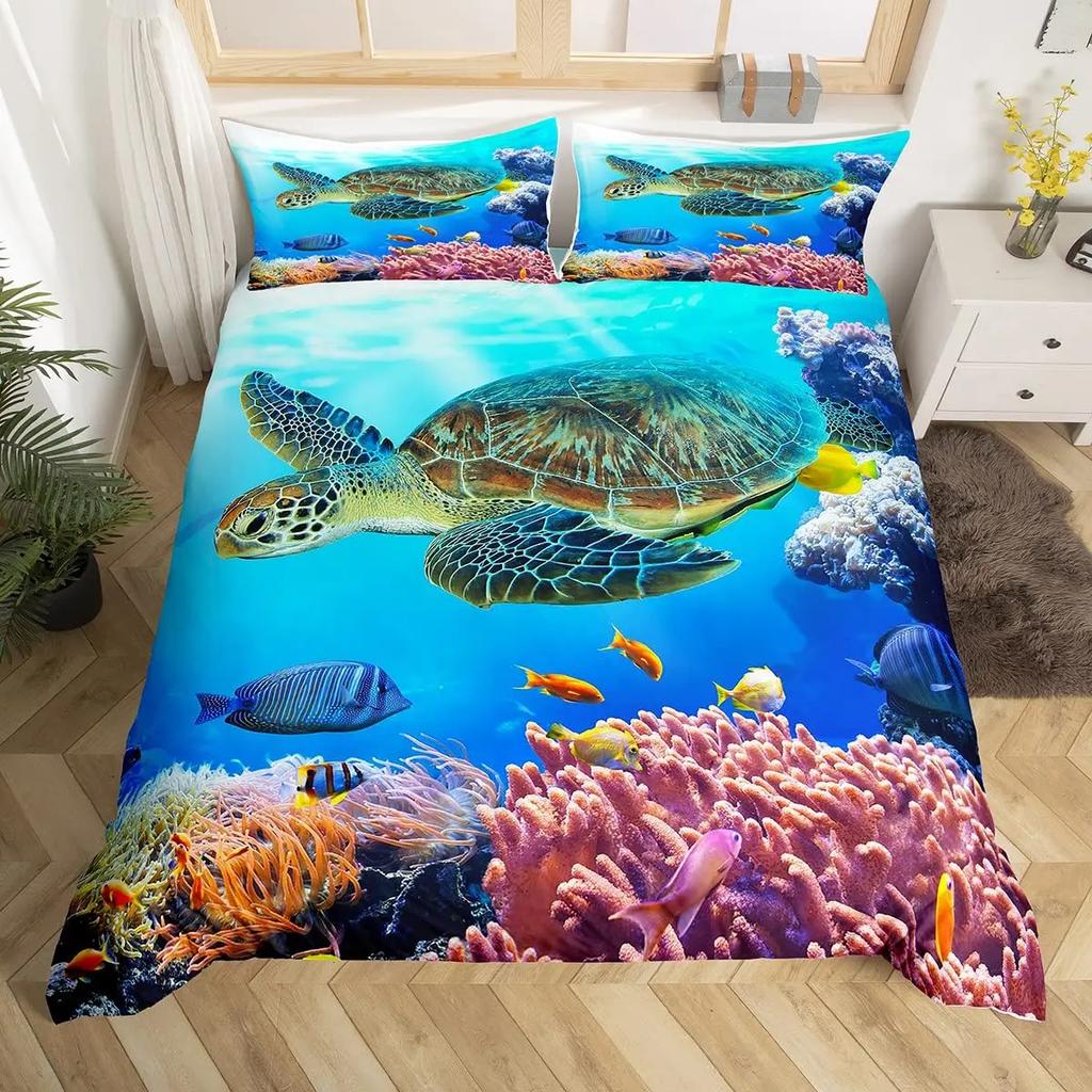 Turtle Bedding Set Nautical Coastal Duvet Cover White Blue Sea Comforter Cover Reptile Tortoise Animal Polyester Quilt Cover