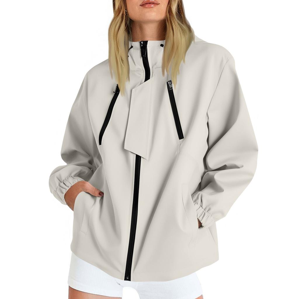 Women Solid Stripe Rain Jacket Outdoor Plus Waterproof Hooded Raincoat Windproof