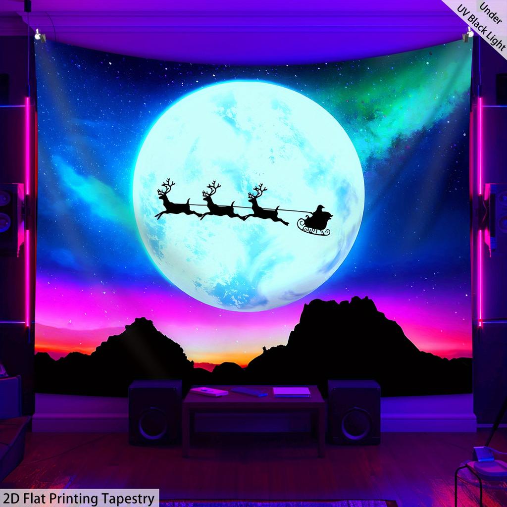 Christmas Sleigh Santa Claus Fluorescent Tapestry Outer Space UV BlackLight Tapestry, Wall Hanging For Living Room Bedroom Office Home Decor