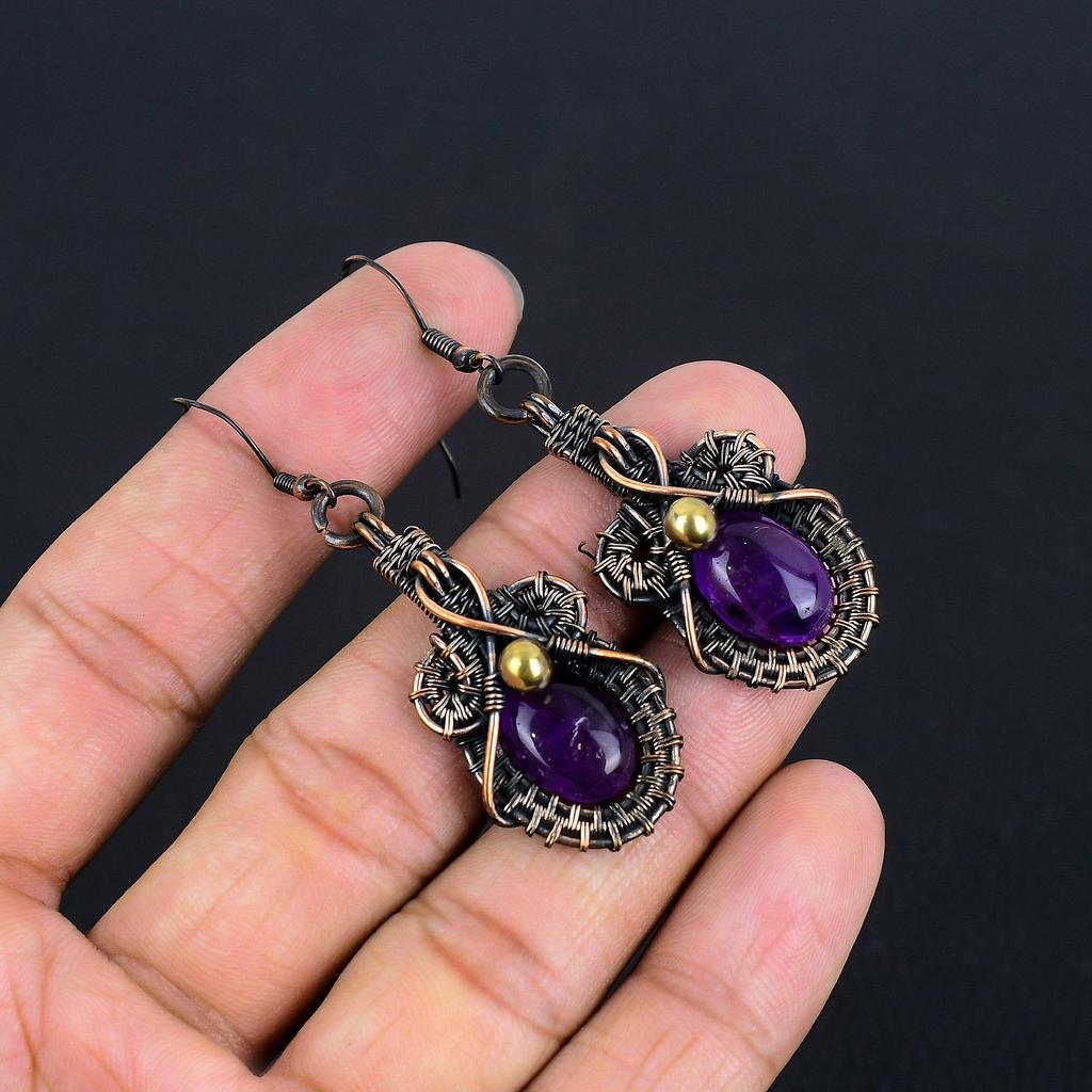 Amethyst Earrings Gemstone Jewelry, 999 Copper Wire Wrapped Earrings, Gift For Women Handmade Earrings