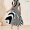 Women Plus Size Round Neck Short Sleeve Black White Striped Printed Gathered Waist A Line Long Dress